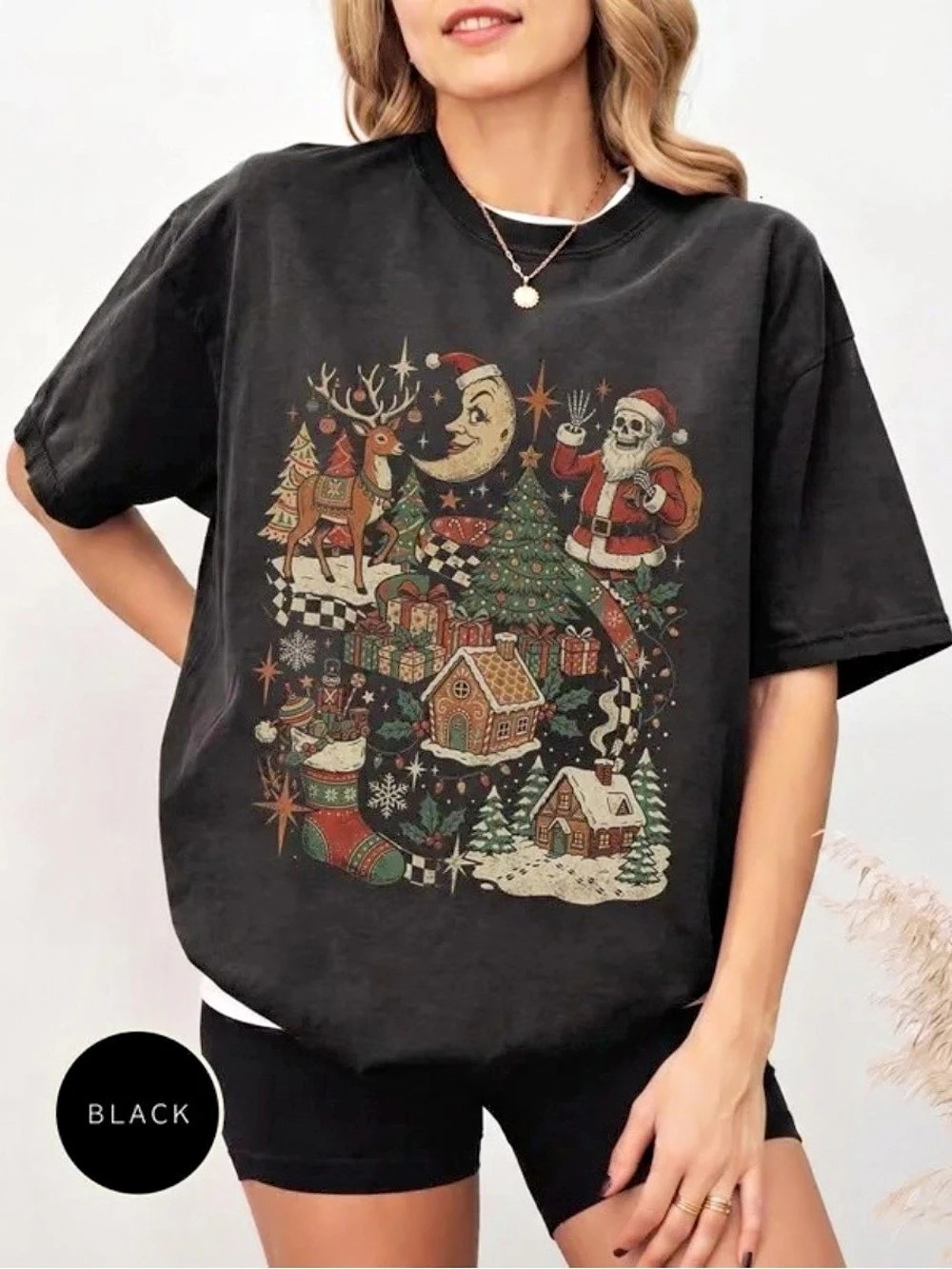Christmas Black Village with Santa Graphic T-Shirt
